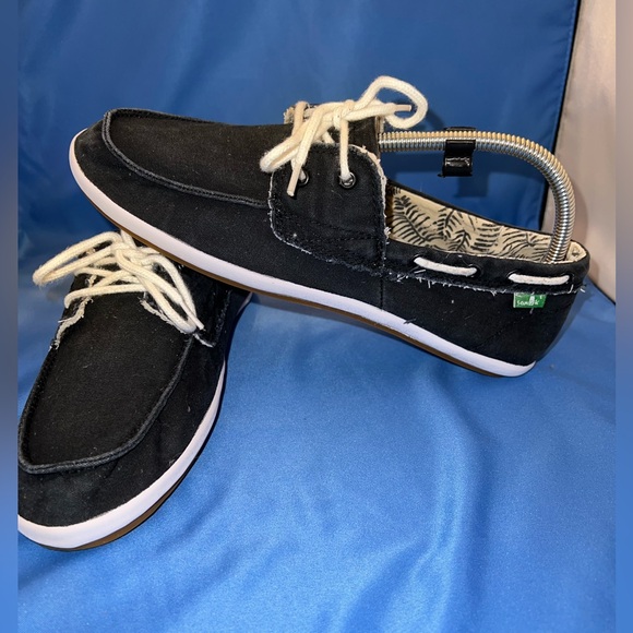 Sanuk Sailaway Fray Women's Boat Shoes Black Slip On Sidewalk Surfers Flats 9.5 - Picture 1 of 8